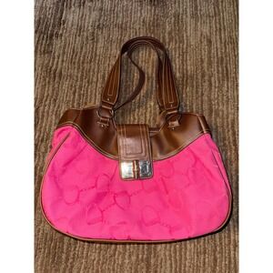 Chaps Pink Satchel Purse Shoulder Bag Brown Trim Logo Print Medium‎